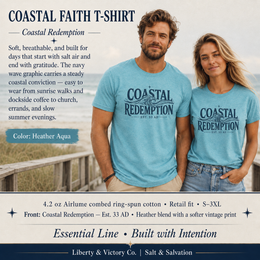 Coastal Faith T-Shirt | Coastal Redemption Est. 33 AD | Nautical Wave Graphic | Signature Line | Veteran-Owned | Liberty & Victory Co.
