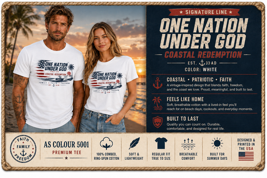 Salt & Salvation Patriotic T-Shirt | One Nation Under God × Coastal Redemption | Family Faith Freedom | Signature Line | Veteran-Owned | Liberty & Victory Co.