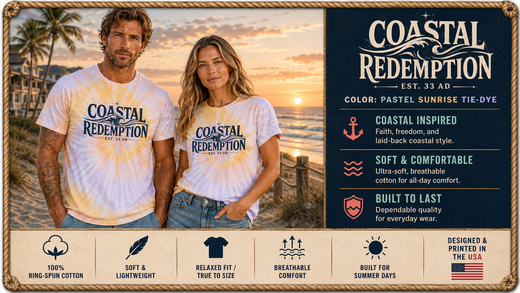 Coastal Faith T-Shirt | Coastal Redemption Est. 33 AD Tie-Dye Wave Graphic | Signature Line | Veteran-Owned | Liberty & Victory Co.