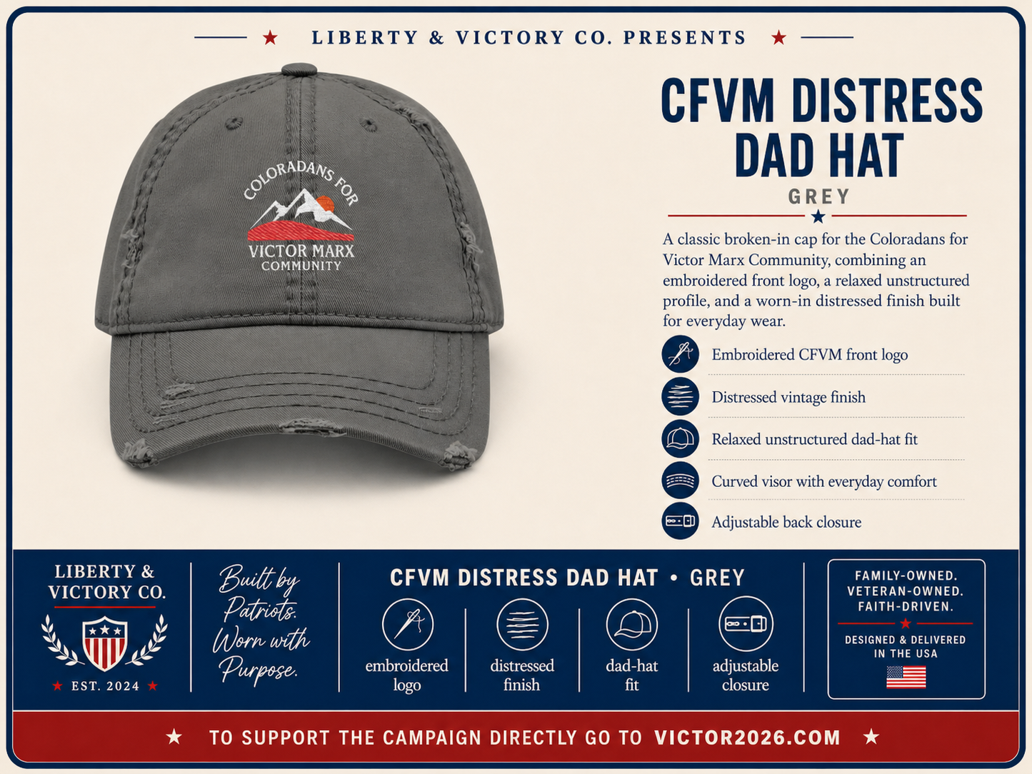 Victor Marx for Colorado | Distressed Embroidered Dad Hat | CFVM | Liberty & Victory Co.