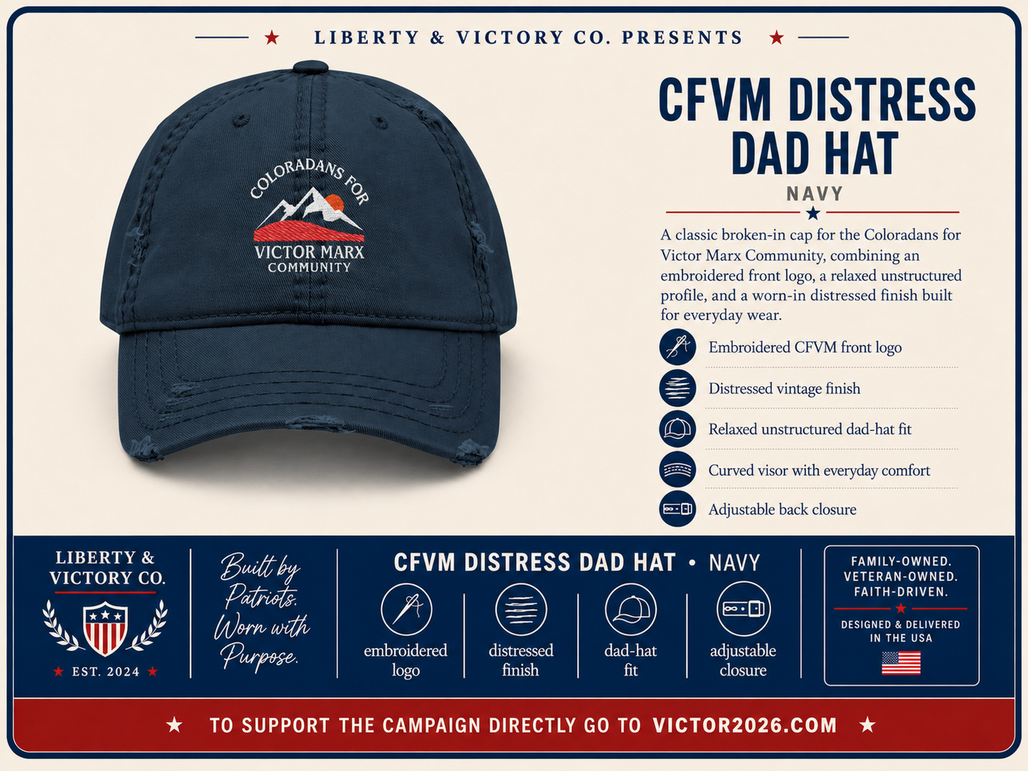 Victor Marx for Colorado | Distressed Embroidered Dad Hat | CFVM | Liberty & Victory Co.