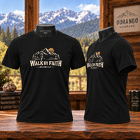 Christian | Walk by Faith — T-Shirt 2 Corinthians 5:7 Mountain Hiker Graphic | Veteran-Owned Small Business | Liberty & Victory Co.