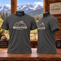 Christian | Walk by Faith — T-Shirt 2 Corinthians 5:7 Mountain Hiker Graphic | Veteran-Owned Small Business | Liberty & Victory Co.