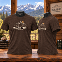 Christian | Walk by Faith — T-Shirt 2 Corinthians 5:7 Mountain Hiker Graphic | Veteran-Owned Small Business | Liberty & Victory Co.