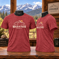 Christian | Walk by Faith — T-Shirt 2 Corinthians 5:7 Mountain Hiker Graphic | Veteran-Owned Small Business | Liberty & Victory Co.