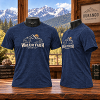 Christian | Walk by Faith — T-Shirt 2 Corinthians 5:7 Mountain Hiker Graphic | Veteran-Owned Small Business | Liberty & Victory Co.