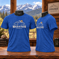 Christian | Walk by Faith — T-Shirt 2 Corinthians 5:7 Mountain Hiker Graphic | Veteran-Owned Small Business | Liberty & Victory Co.
