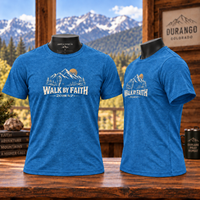 Christian | Walk by Faith — T-Shirt 2 Corinthians 5:7 Mountain Hiker Graphic | Veteran-Owned Small Business | Liberty & Victory Co.