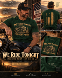 Patriotic Faith | We Ride Tonight — Midnight Rider: The Ride Continues — Premium Front + Back 1775 T-Shirt | Veteran-Owned Small Business | Liberty & Victory Co.