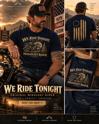 Patriotic Faith | We Ride Tonight — Midnight Rider: The Ride Continues — Premium Front + Back 1775 T-Shirt | Veteran-Owned Small Business | Liberty & Victory Co.