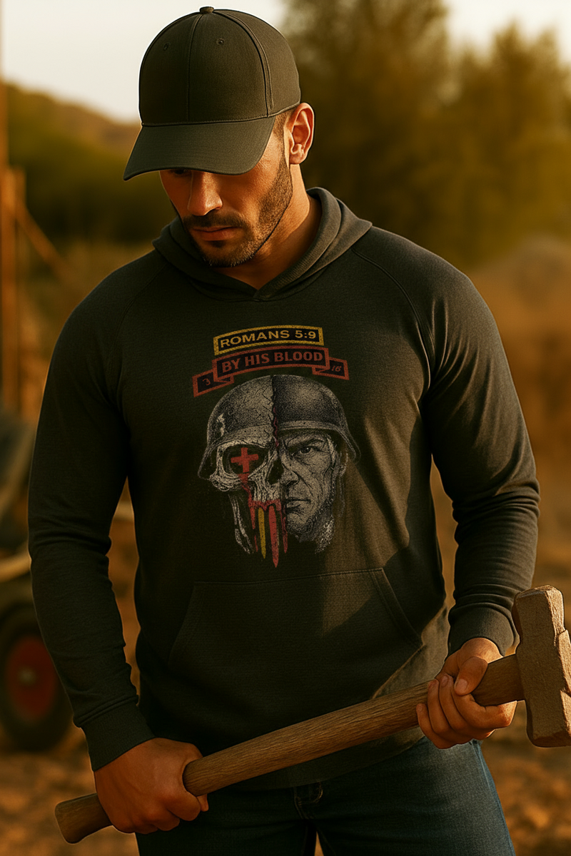 Through Him – Romans 5:9 Premium Warrior Hooded Tee