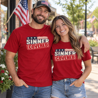 Patriotic Faith | SINNER COVERED — Heritage Garment-Dyed T-Shirt Distressed Americana Flag Faith Declaration | Veteran-Owned Small Business | Liberty & Victory Co.