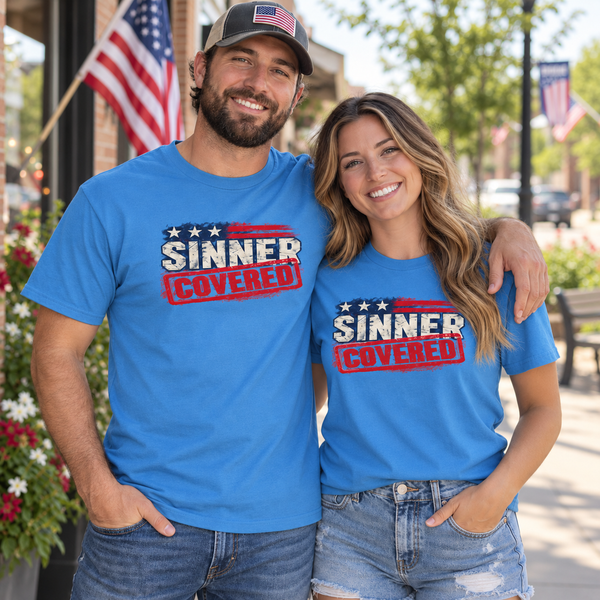 Patriotic Faith | SINNER COVERED — Heritage Garment-Dyed T-Shirt Distressed Americana Flag Faith Declaration | Veteran-Owned Small Business | Liberty & Victory Co.