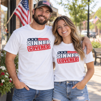 Patriotic Faith | SINNER COVERED — Heritage Garment-Dyed T-Shirt Distressed Americana Flag Faith Declaration | Veteran-Owned Small Business | Liberty & Victory Co.