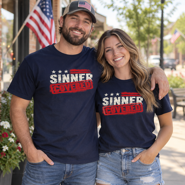 Patriotic Faith | SINNER COVERED — Heritage Garment-Dyed T-Shirt Distressed Americana Flag Faith Declaration | Veteran-Owned Small Business | Liberty & Victory Co.