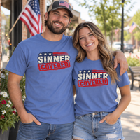 Patriotic Faith | SINNER COVERED — Heritage Garment-Dyed T-Shirt Distressed Americana Flag Faith Declaration | Veteran-Owned Small Business | Liberty & Victory Co.