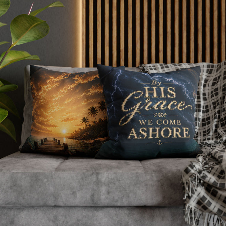 Faith Throw Pillow Cover | 2-Pack | By His Grace We Come Ashore | Nautical Christian Decor | Liberty & Victory Co.