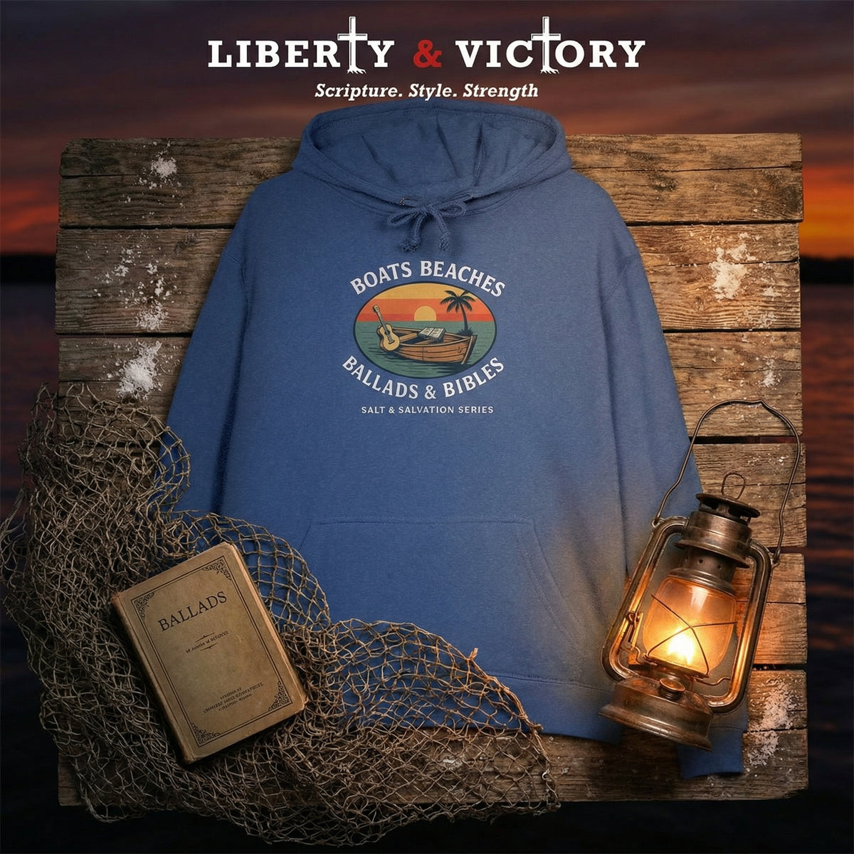 Hoodie - "Boats Beaches Ballads & Bibles" Retro Coastal Pullover