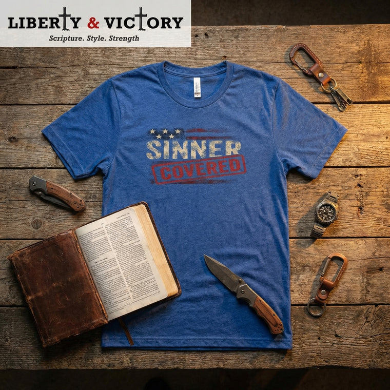 Christian Faith T-Shirt | SINNER COVERED Signature Line | Liberty-In-One | Liberty & Victory