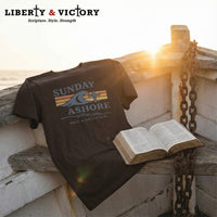 Christian Faith T-Shirt | Sunday Ashore Sunset Edition Coastal Tee | Liberty & Victory