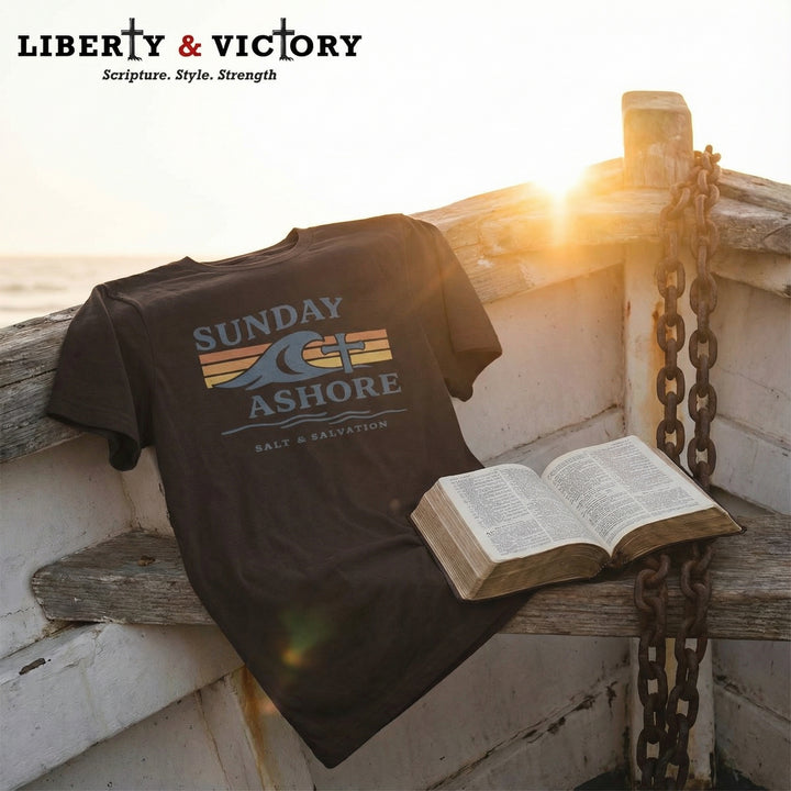 Christian Faith T-Shirt | Sunday Ashore Sunset Edition Coastal Tee | Liberty & Victory