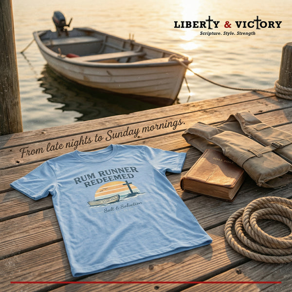 Christian Coastal T-Shirt | Rum Runner Redeemed Pastel Sunset Cross Salt & Salvation Boat Graphic Tee | Liberty & Victory