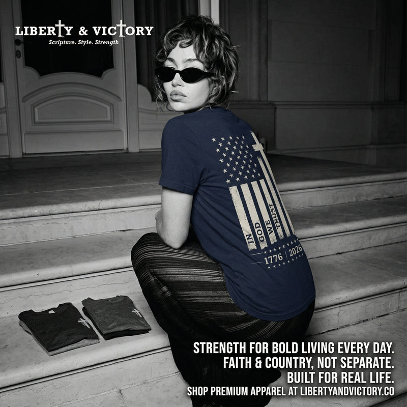 Christian Patriotic T-Shirt | In God We Trust Cross Flag Front Back 1776 2026 Tee | Liberty & Victory