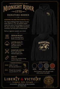 Christian Patriotic Hoodie | Midnight Rider 1775 Signature Line | Liberty-In-One | Liberty & Victory