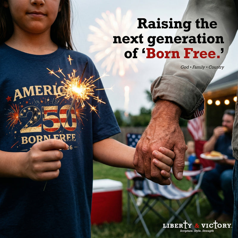 Patriotic Kids T-Shirt | America 250 Born Free Fireworks | Liberty & Victory
