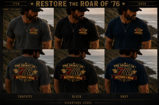 Christian Patriotic T-Shirt | Spirit of '76 Restore the Roar 1776–2026 Signature | Liberty-In-One | Liberty & Victory