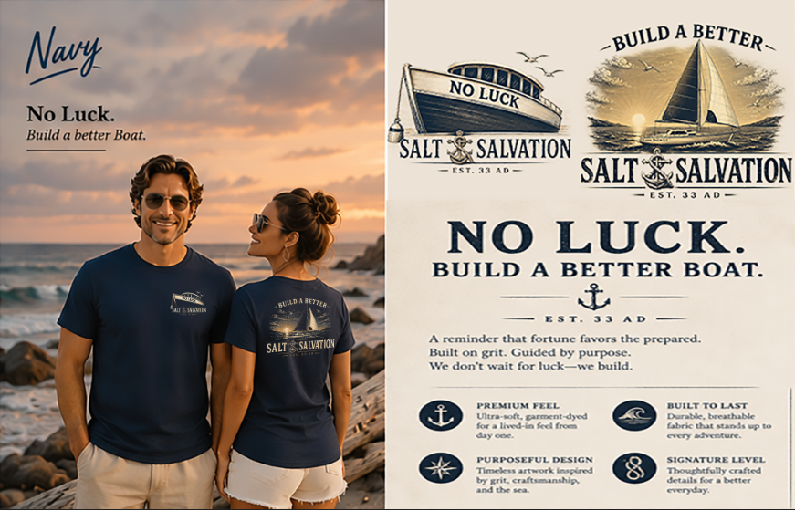 Christian Faith T-Shirt | Build a Better Boat Sailboat Signature | Salt & Salvation | Liberty & Victory