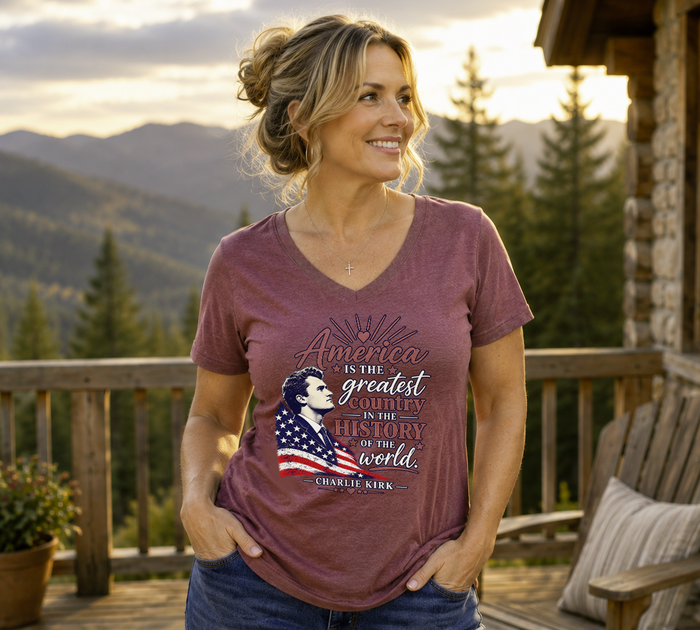 America Is The Greatest Country — Charlie Kirk V-Neck Tee