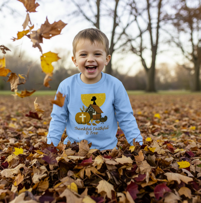 Patriotic Faith | Thankful Faithful and Free Youth Long Sleeve T-Shirt | Liberty & Victory Co.