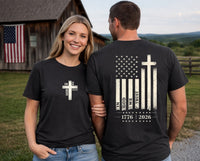 Cross American Flag 1776-2026 Front Back Vintage T-Shirt