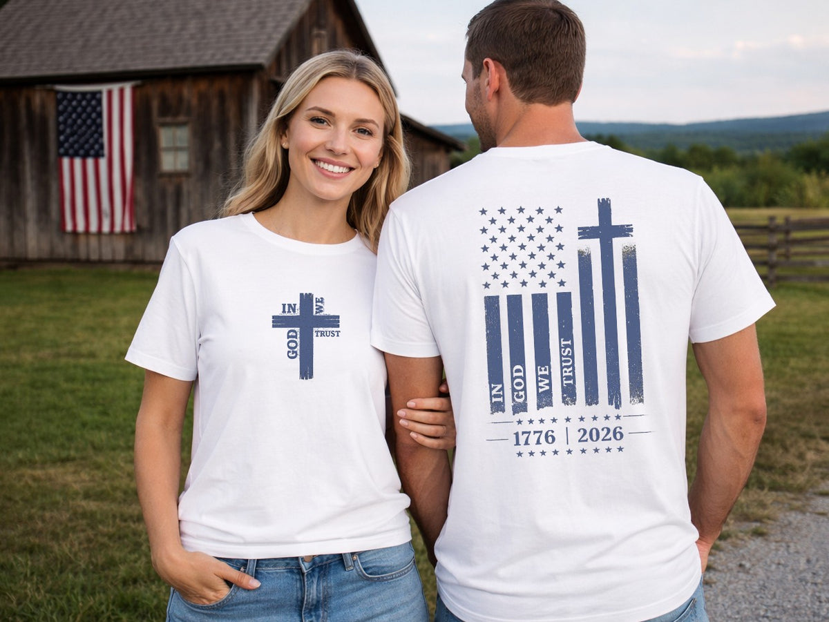 Christian Patriotic T-Shirt | In God We Trust Cross American Flag 1776–2026 Front Back Vintage Tee | Liberty & Victory