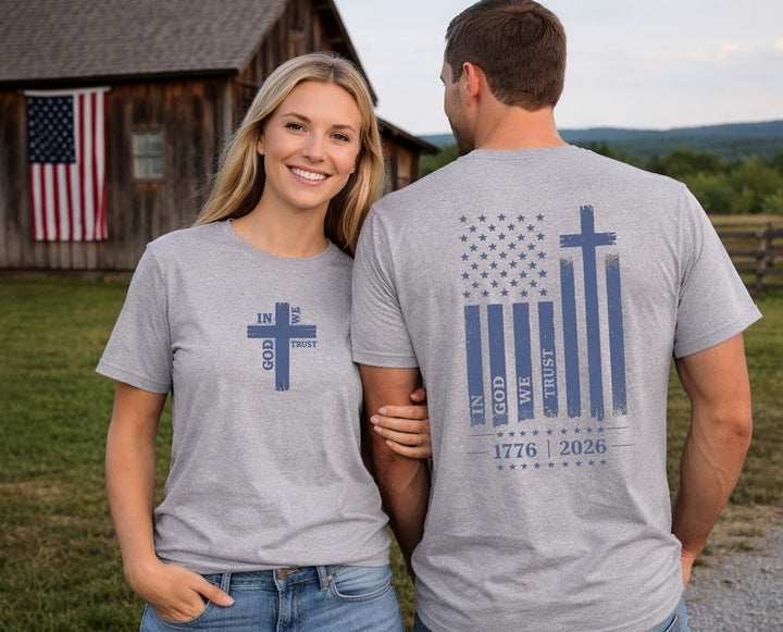 Cross American Flag 1776-2026 Front Back Vintage T-Shirt