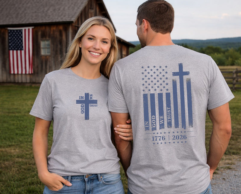 Christian Patriotic T-Shirt | In God We Trust Cross American Flag 1776–2026 Front Back Vintage Tee | Liberty & Victory