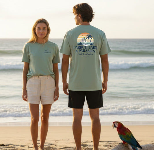 Christian Beach T-Shirt | Salt & Salvation Parrotheads Retro Palm Sunset Garment-Dyed Tee | Liberty & Victory