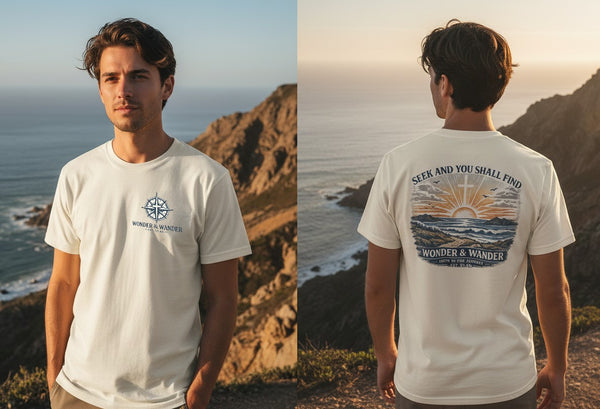 Christian T-Shirt | Seek and You Shall Find Sunrise Compass Garment-Dyed Tee | Wonder & Wander | Liberty & Victory
