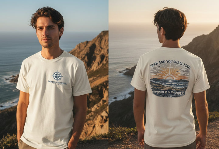 Christian T-Shirt | Seek and You Shall Find Sunrise Compass Garment-Dyed Tee | Wonder & Wander | Liberty & Victory