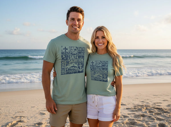 Christian Beach T-Shirt | Salt & Salvation Coastal Block Print Garment-Dyed Tee | Salt & Salvation | Liberty & Victory