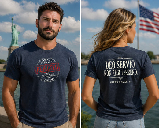 Patriotic Faith T-Shirt | Deo Servio Rejected Stamp Ultra-Premium Tri-Blend Tee | Liberty-In-One | Liberty & Victory