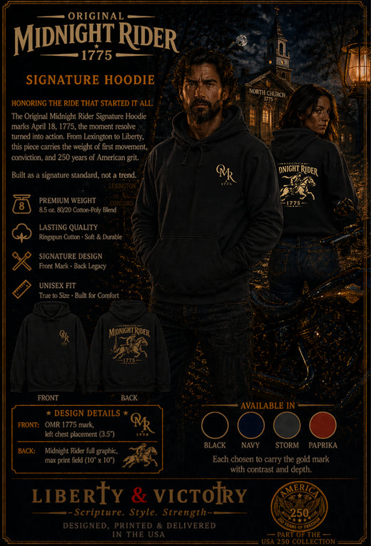 Christian Patriotic Hoodie | Midnight Rider 1775 Signature Line | Liberty-In-One | Liberty & Victory