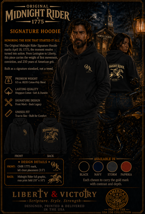 Christian Patriotic Hoodie | Midnight Rider 1775 Signature Line | Liberty-In-One | Liberty & Victory