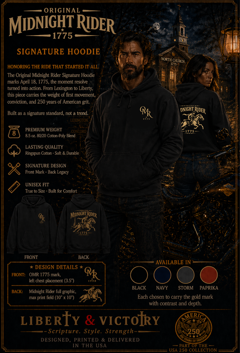 Christian Patriotic Hoodie | Midnight Rider 1775 Signature Line | Liberty-In-One | Liberty & Victory
