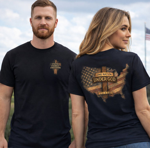 Christian Patriotic T-Shirt | One Nation Under God & Family Freedom Faith Crossover | Liberty-In-One | Liberty & Victory