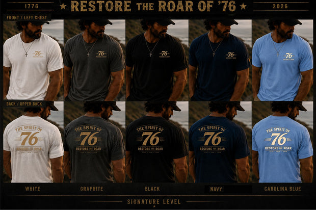 Christian Patriotic T-Shirt | Spirit of '76 Restore the Roar 1776–2026 Signature | Liberty-In-One | Liberty & Victory