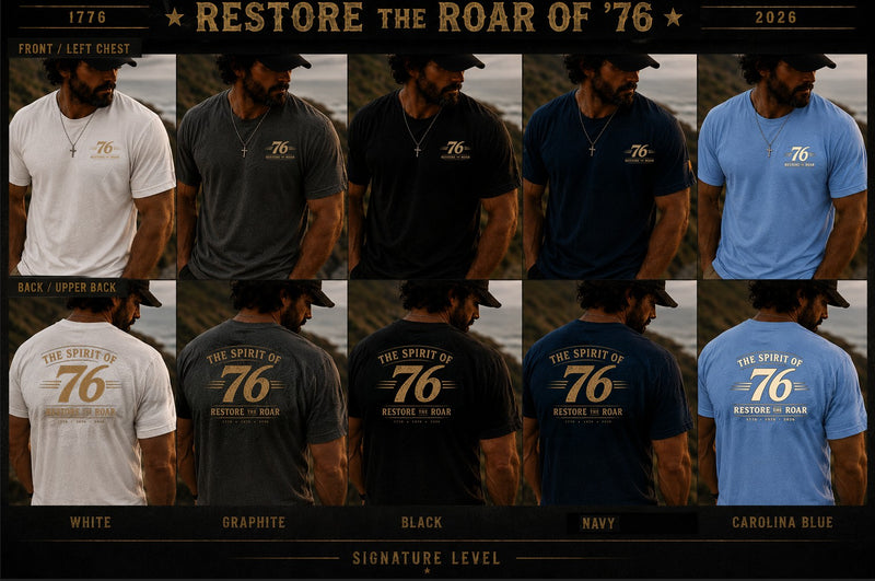 Christian Patriotic T-Shirt | Spirit of '76 Restore the Roar 1776–2026 Signature | Liberty-In-One | Liberty & Victory