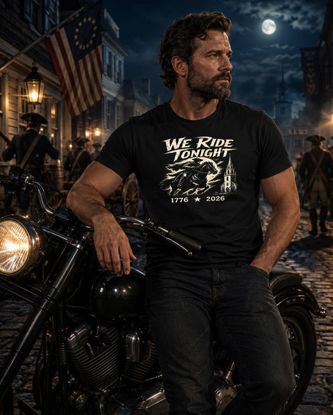 Patriotic Christian T-Shirt | We Ride Tonight 1776 Founders Line | America 250 | Liberty & Victory
