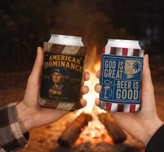 Patriotic Can Cooler 2-Pack |  2-Pack God Is Great Beer Is Good & American Dominance in Milan | Liberty & Victory Co